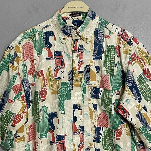 Creek Wood USA Button Shirt Golf Club Men Size M Golfer Retro Pattern Colorful - Picture 3 of 12